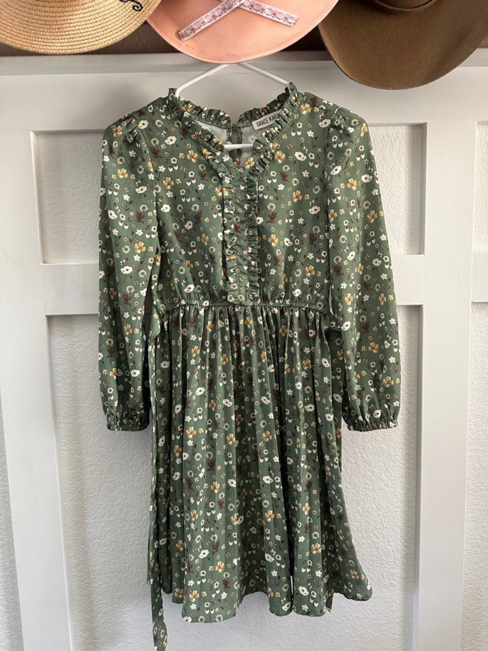 Grace Karin Olive Green Floral Ruffled Waist Dress